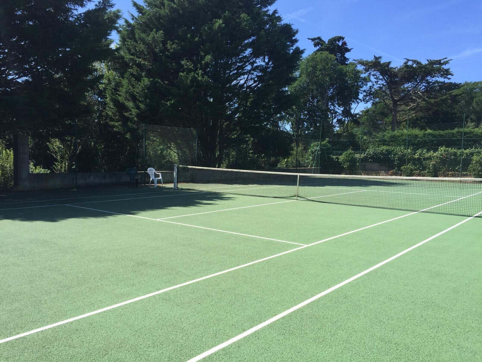 Un campo da tennis con una rete, circondato da alberi e una recinzione.