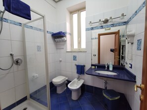 Shower, hair dryer, bidet, towels