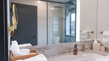 Shower, rainfall showerhead, hair dryer, slippers
