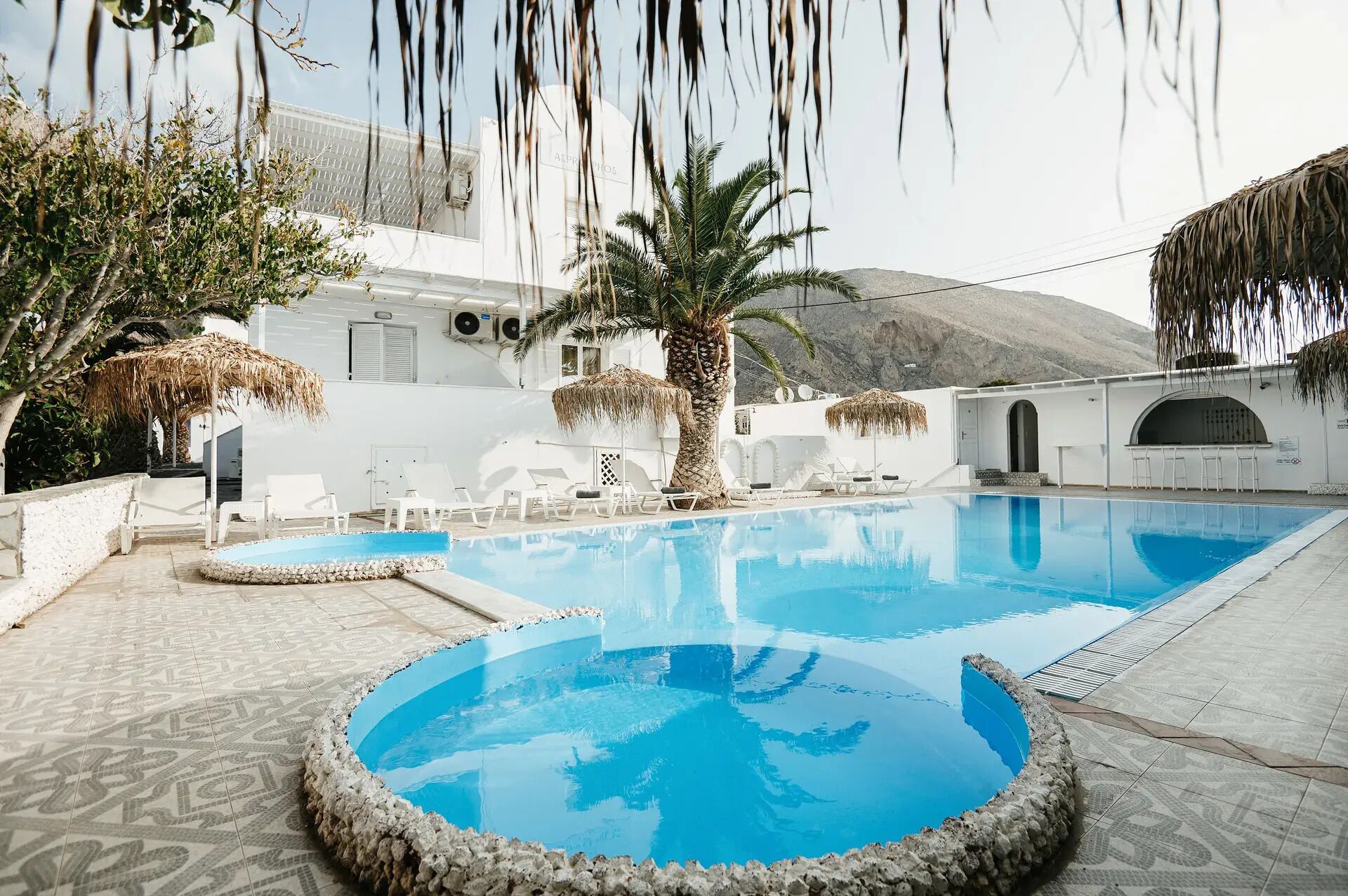 A swimming pool with a stone border, white lounge chairs, and a palm tree.