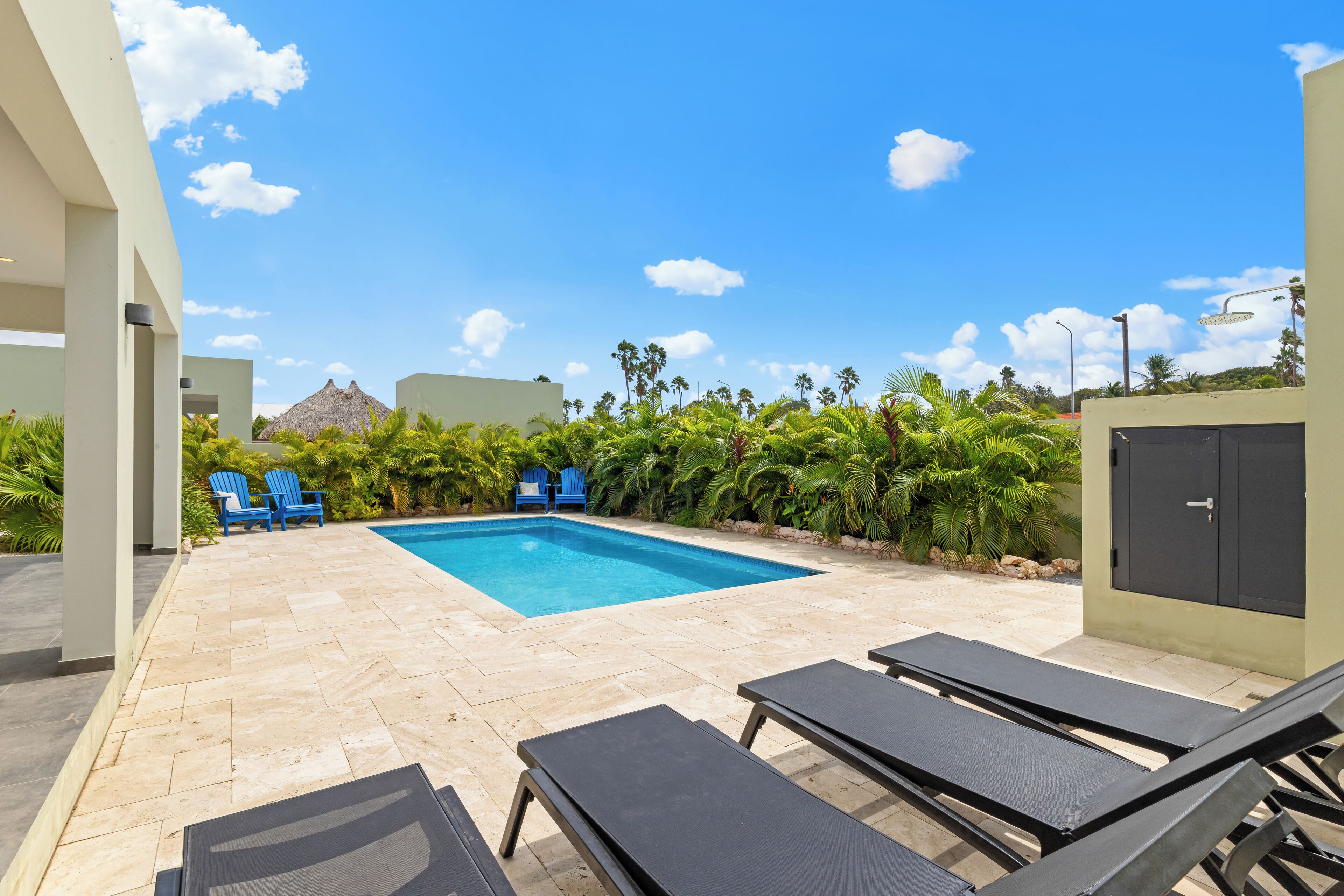 A swimming pool with lounge chairs, a thatched-roof structure, and palm trees.