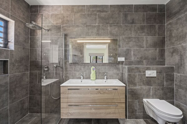 A modern bathroom with a glass shower enclosure, a wooden vanity with a mirror, and a toilet. - Villa Jasmijn with private pool, at Mambo Beach (Willemstad)