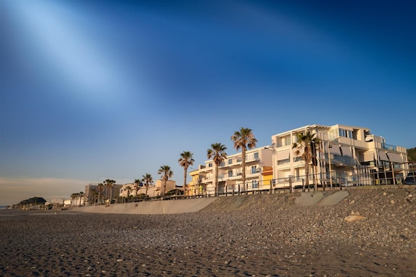 Un hotel frente al mar con varios pisos, palmeras y una playa de rocas.