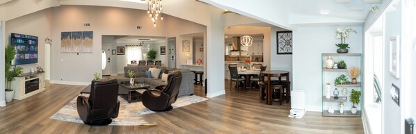 Smart TV, fireplace, foosball