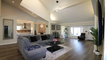 Smart TV, fireplace, foosball