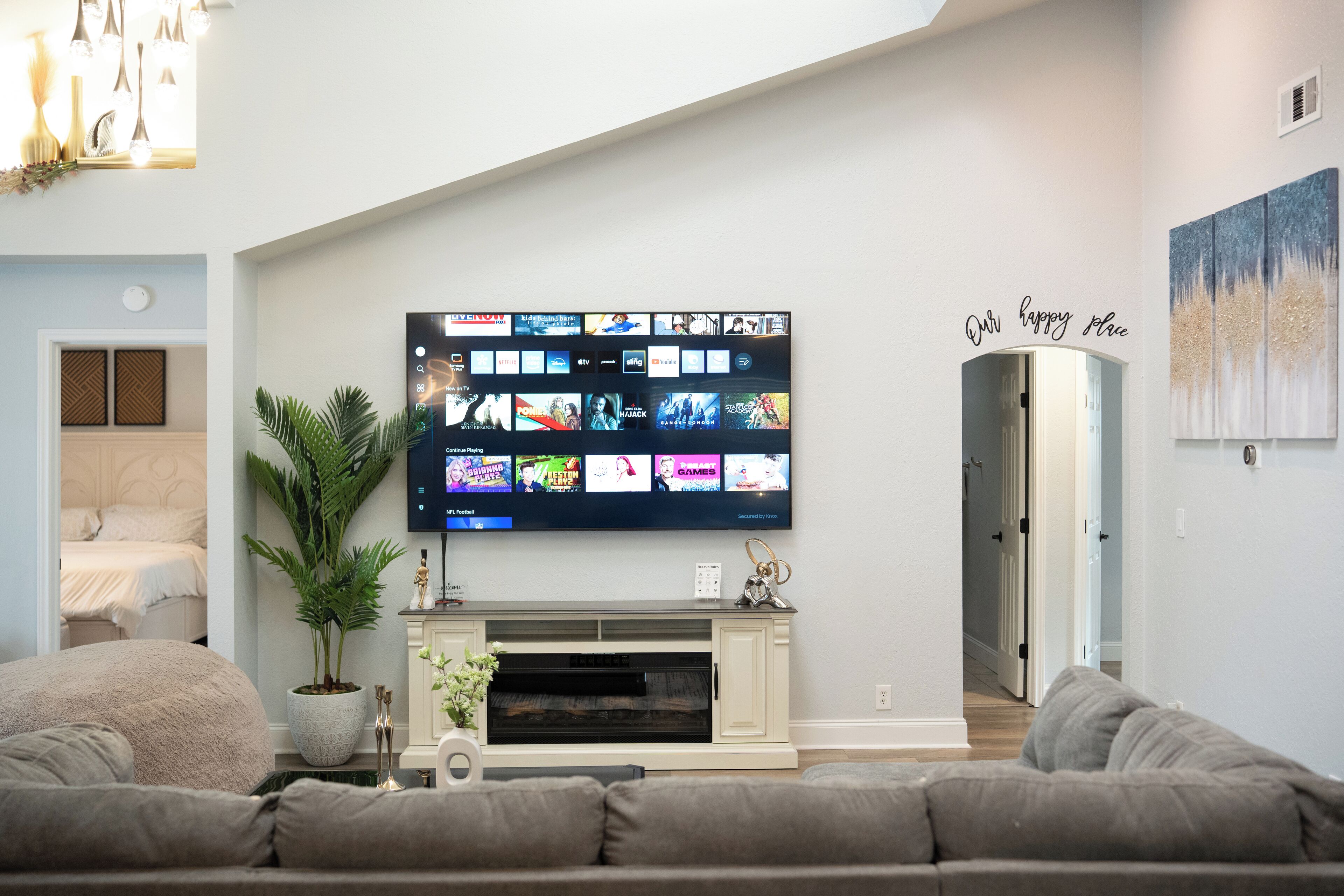 Smart TV, fireplace, table football