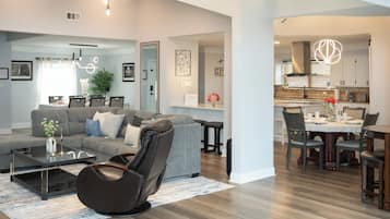 Smart TV, fireplace, table football