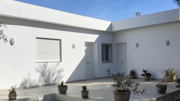 A modern white building with a flat roof, a large window, and a door. There are several potted plants arranged in front of the building. - Quiet house with garden Pets welcome (Sakiet Ezzit)