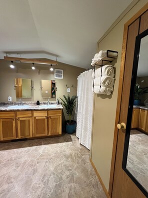 Un baño moderno con un tocador espacioso, ducha con cortina, una planta en maceta y un espejo.