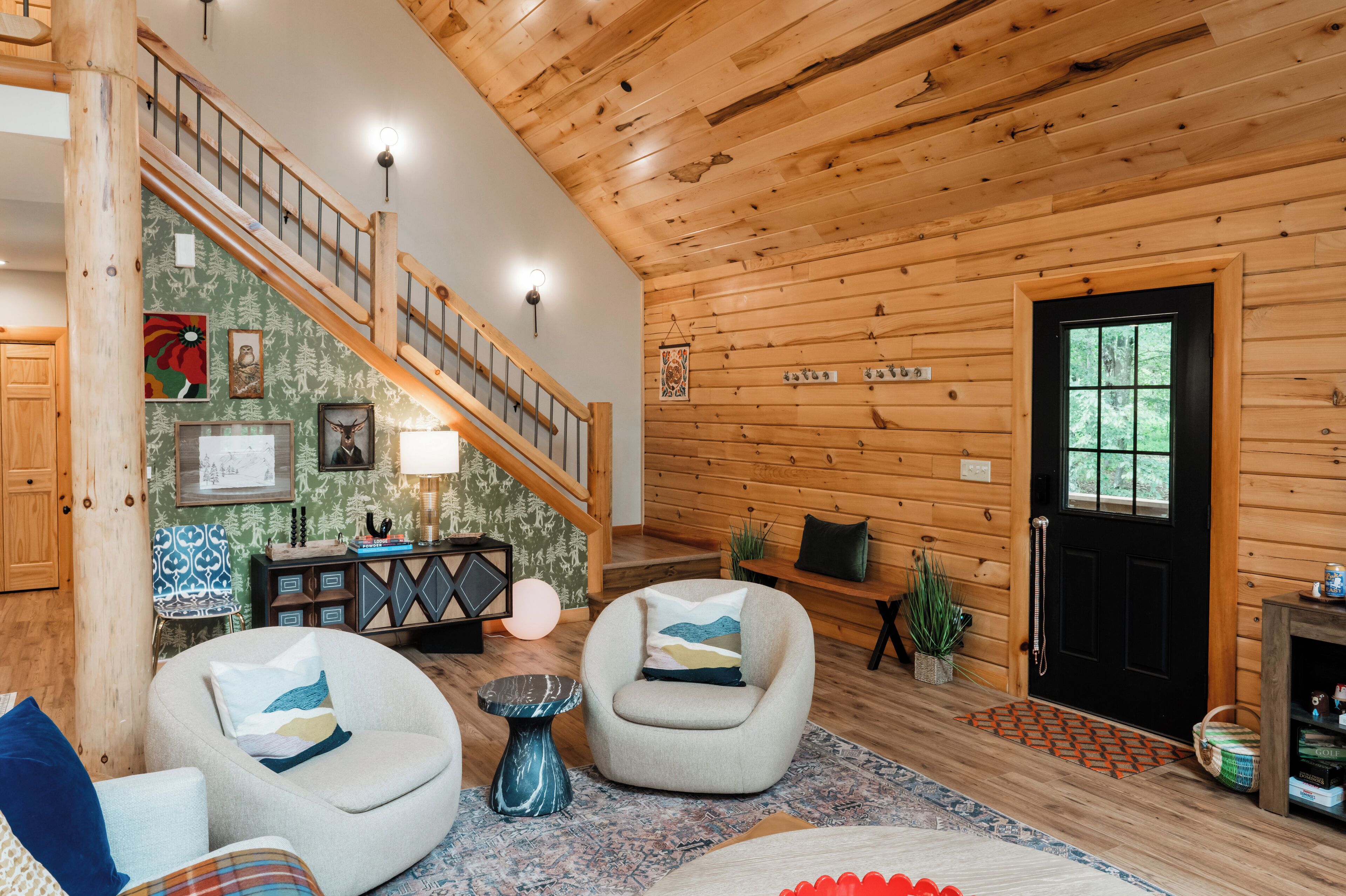 Smart TV, fireplace, foosball, books