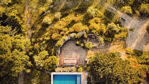 An aerial view of a house with a swimming pool, surrounded by dense forest. - Boutique eco Agriturismo nestled among ancient olive trees and stunning Tuscan hills (Santa Luce)