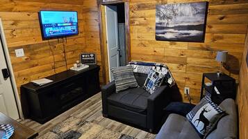 Smart TV, fireplace, DVD player, books