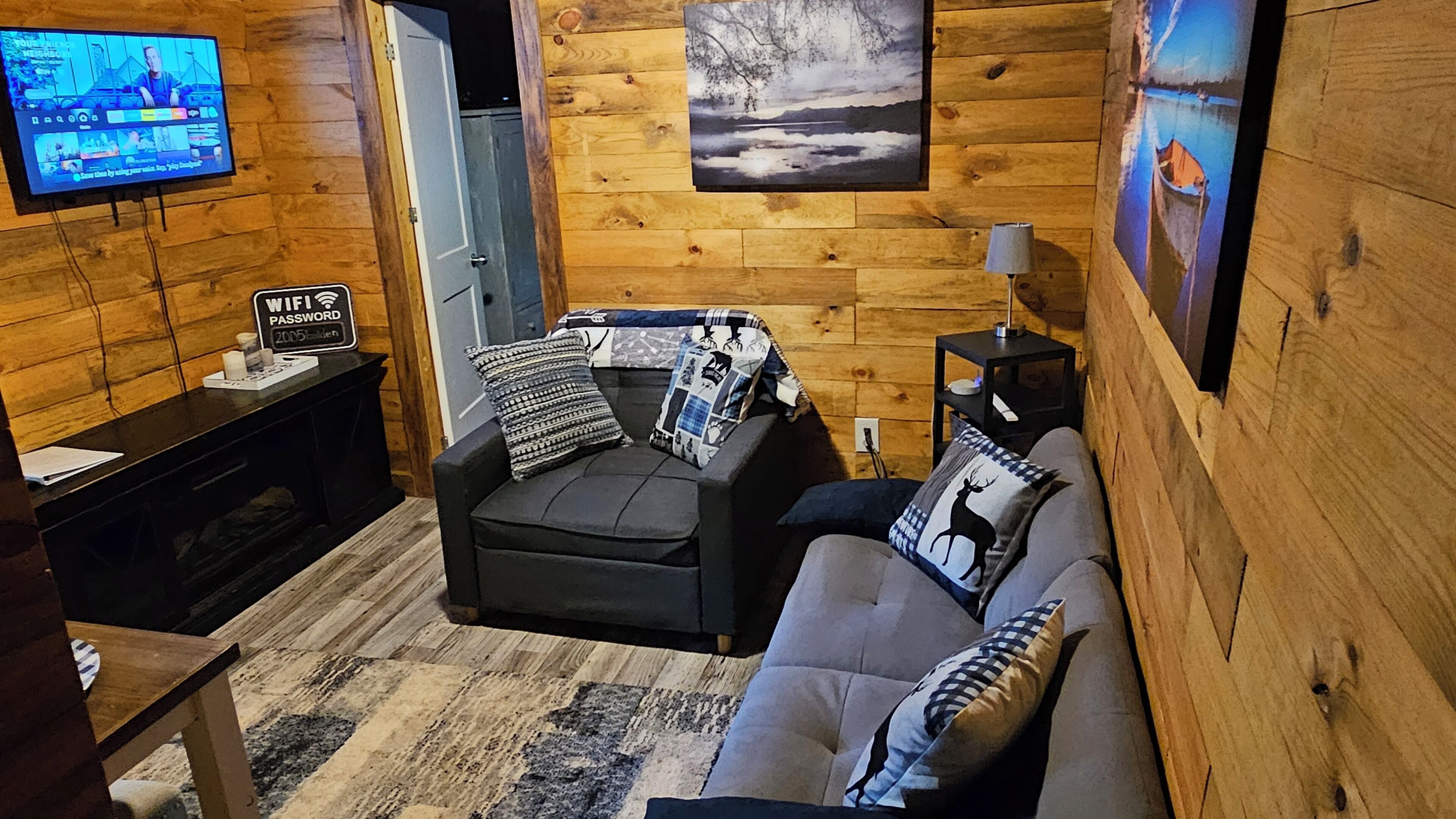 Smart TV, chimenea, reproductor de DVD y libros 