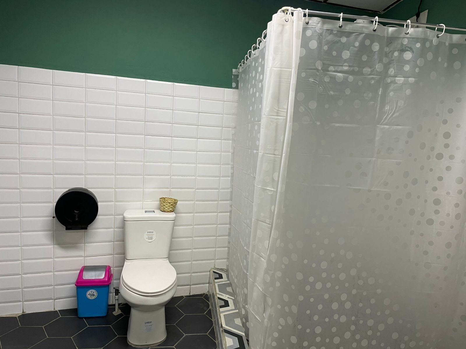 A bathroom with a toilet, a trash bin, and a shower curtain.