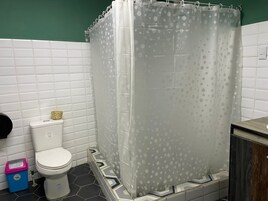 Shower, free toiletries, towels, soap