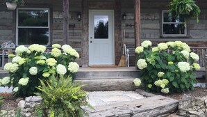 A rustic wooden cabin with a front porch, a white door, and two large potted hydrangeas. - Great family getaway. This property will accommodate 10 people quite comfortably (Shelburne)