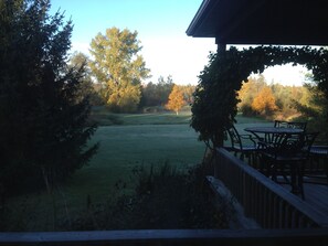 Une terrasse avec vue sur un champ verdoyant et des arbres.