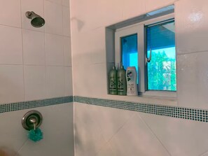 Shower, hair dryer, towels, soap