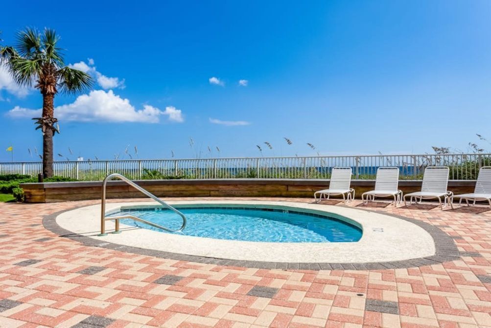 En swimmingpool med palmetræ og liggestole, omgivet af en fliseterrasse og et hegn.