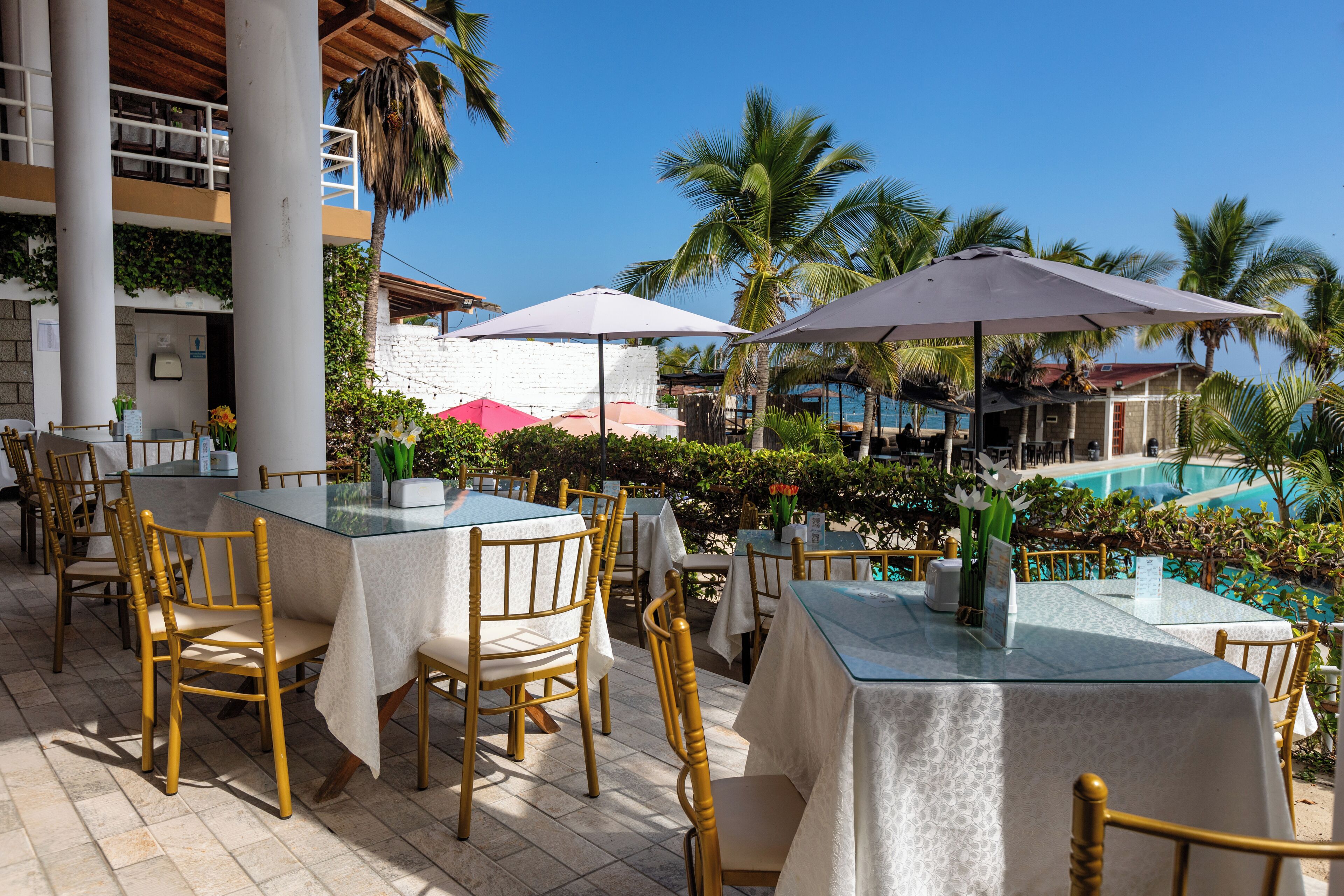 Un espace extérieur aménagé pour les repas, avec des tables et des chaises, une piscine et des palmiers.