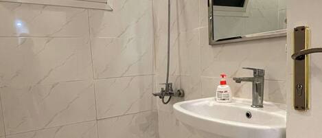 Shower, hair dryer, bidet, towels