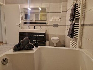 Secadora de cabello, toallas, jabón, papel de baño 