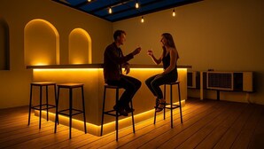 A dimly lit bar area with two stools, a counter, and a ceiling with exposed beams and hanging lights. - LePetit (Oaxaca)