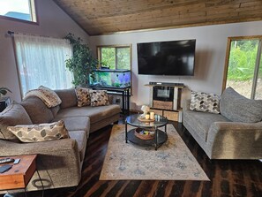 Smart-TV, Kamin, Bücher, Drucker