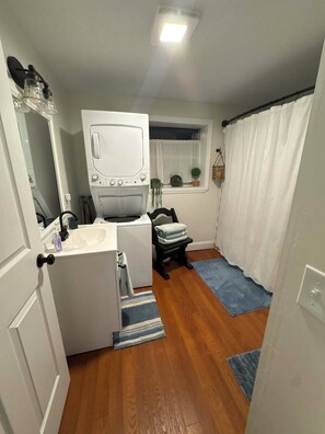 Hair dryer, towels, soap, shampoo