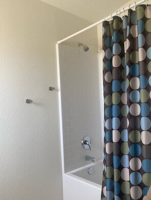 Hair dryer, towels, soap, shampoo