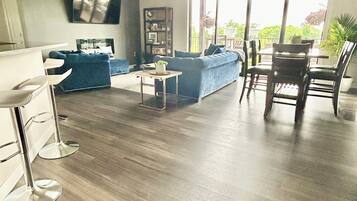 Smart TV, fireplace, books