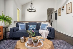 Smart TV, lareira, livros