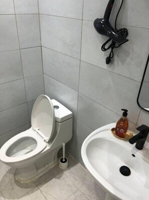 Douche, sèche-cheveux, bidet, serviettes fournies
