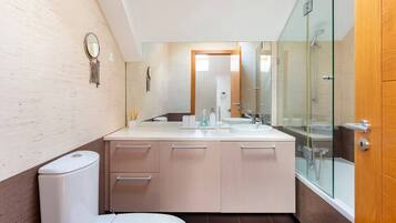 Hair dryer, bidet, towels, soap