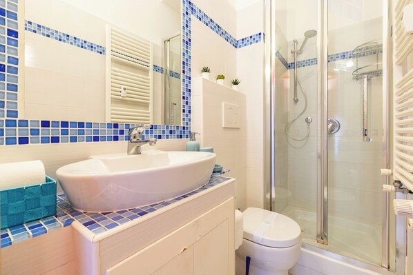 Shower, hair dryer, bidet, towels