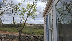 A stone wall and a tree in front of a building with a window. - Zielo Mobil Home (Tirig)