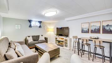 TV, fireplace, DVD player, books