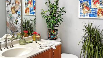 A bathroom with a white sink, a mirror, a toilet, and various decorative items including plants and framed pictures on the wall.