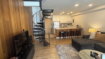 Smart TV, fireplace, DVD player, books