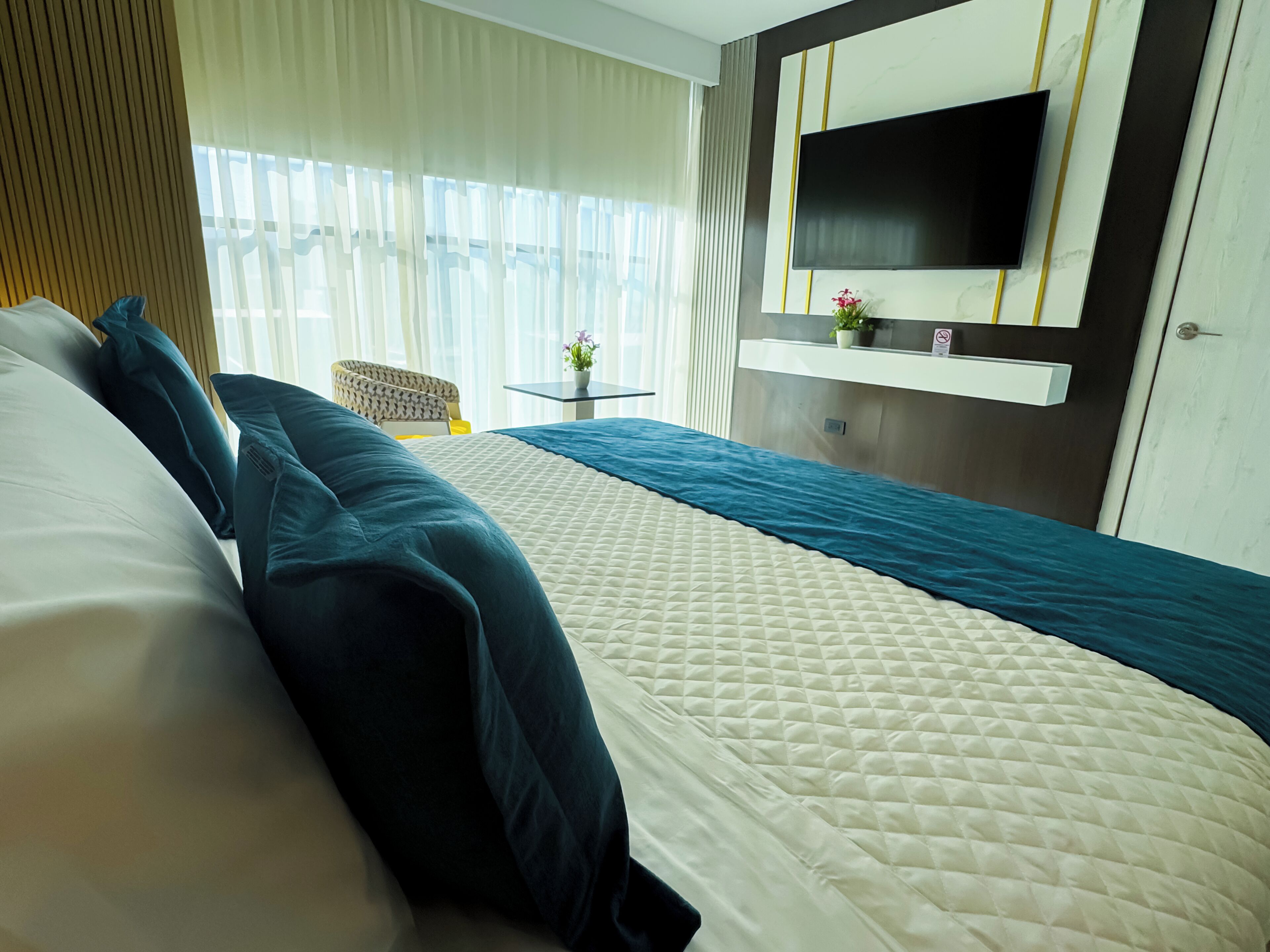Una habitación de hotel con una cama grande, un televisor montado en la pared, una mesita con una planta y una silla.