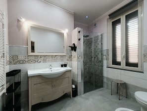 Shower, hair dryer, bidet, towels