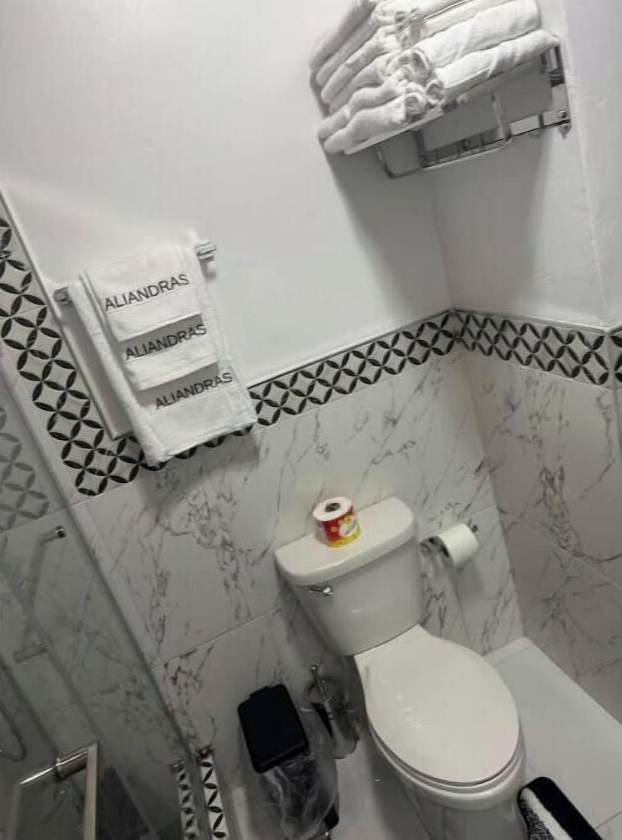 Un bagno con il water, un porta asciugamani con diversi asciugamani e una parete rivestita in piastrelle decorate.