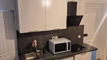 Frigorífico, microondas, horno y placa de cocina