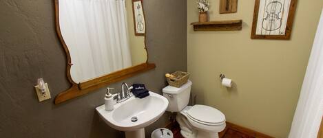 A bathroom with a wooden floor, a white sink, a toilet, a mirror, and a shower curtain.