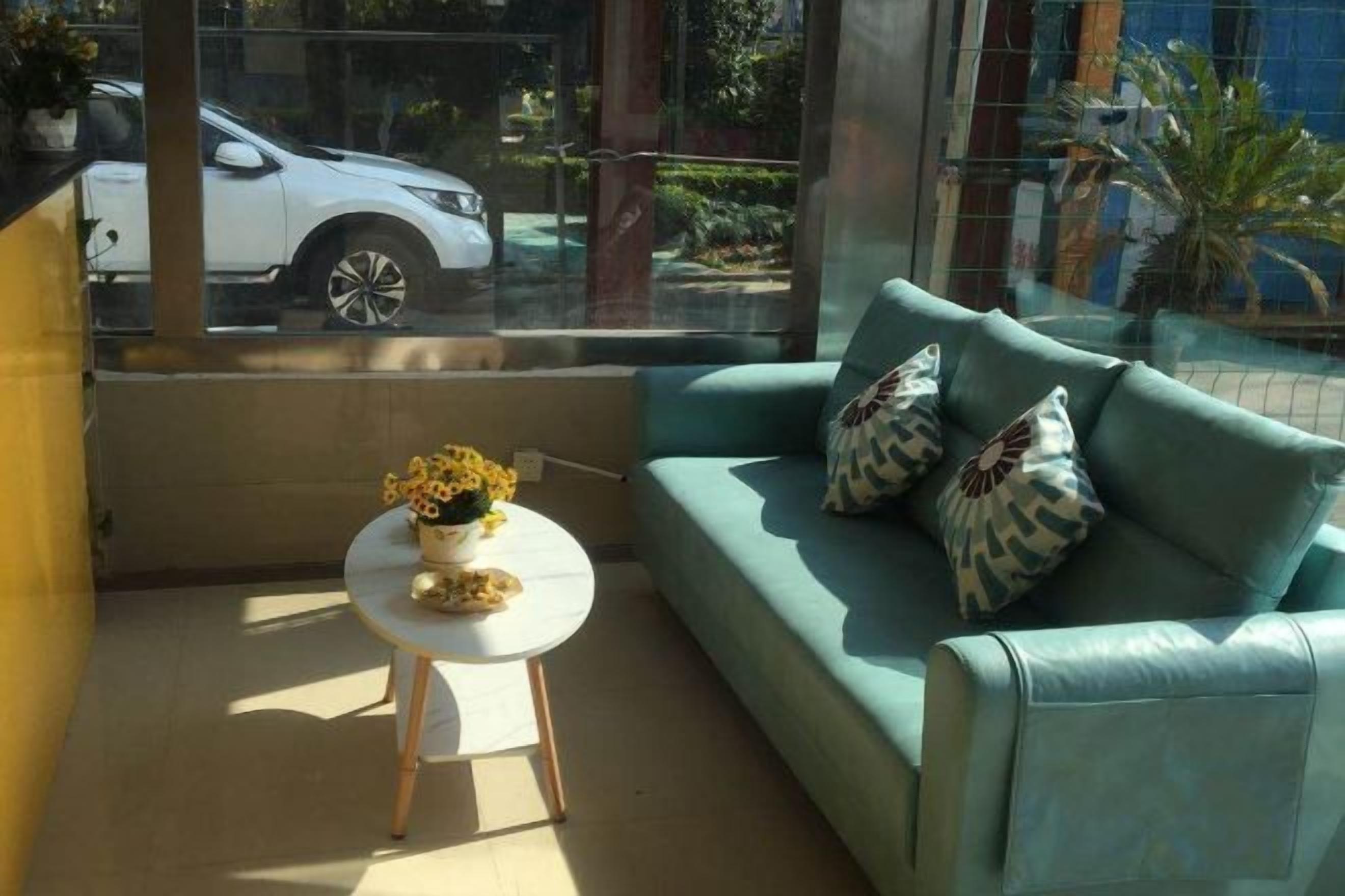 A room with a sofa, a small table with a flower arrangement, and a view of a car through a window.
