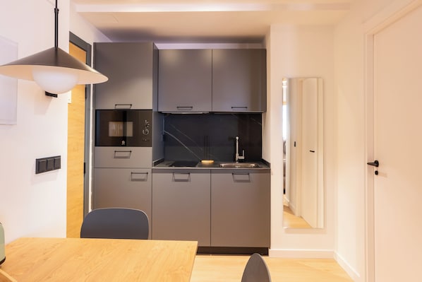 Estudi superior | Cuina privada | Frigorífic, microones i placa de cuina
