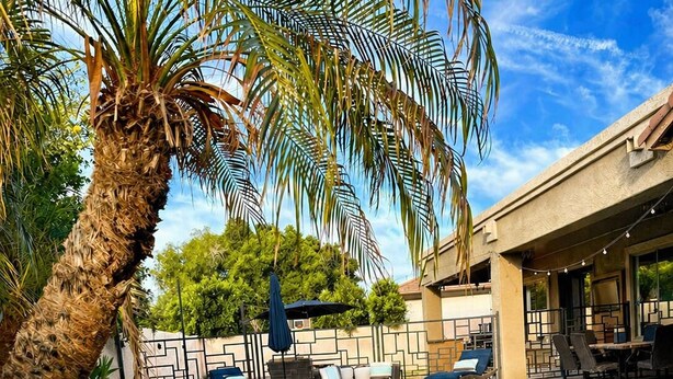 A swimming pool with a waterfall feature, surrounded by lounge chairs and a palm tree. - Luxe Retreat- Private Pool -BBQ- Peaceful Retreat- Comfort-Relax-Prime Location (Mesa)