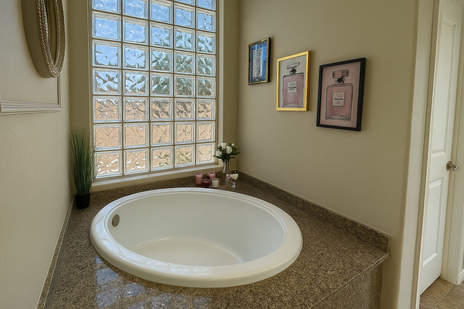A bathroom with a large freestanding bathtub, a window with a view of trees, and framed pictures on the wall.
