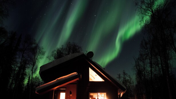 A cabin with a large window and a visible interior light, surrounded by a forest. - Charming loft cabin just 7 minutes from downtown (Talkeetna)