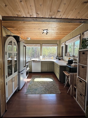 Una cocina con techo de madera, un refrigerador, armarios, un lavabo y una ventana con vista a árboles.